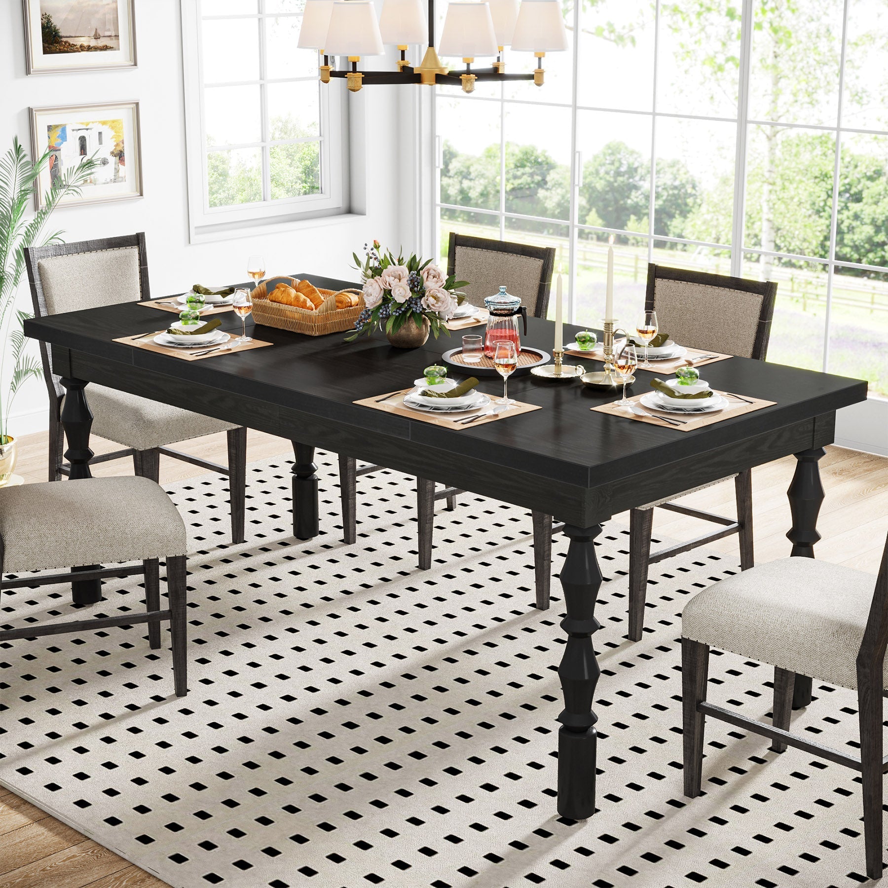 Wood Dining Table, 62” Kitchen Table with Carved Turned Legs for 4-6 People Tribesigns